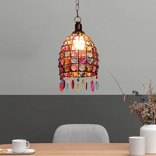 Art Deco Stained Glass Dome Ceiling Light Rust Pendant - 1-Light Drop Design For Restaurant