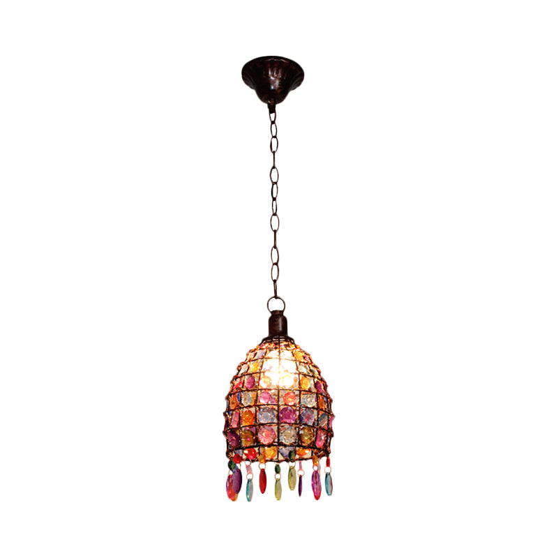 Art Deco Stained Glass Dome Ceiling Light Rust Pendant - 1-Light Drop Design For Restaurant