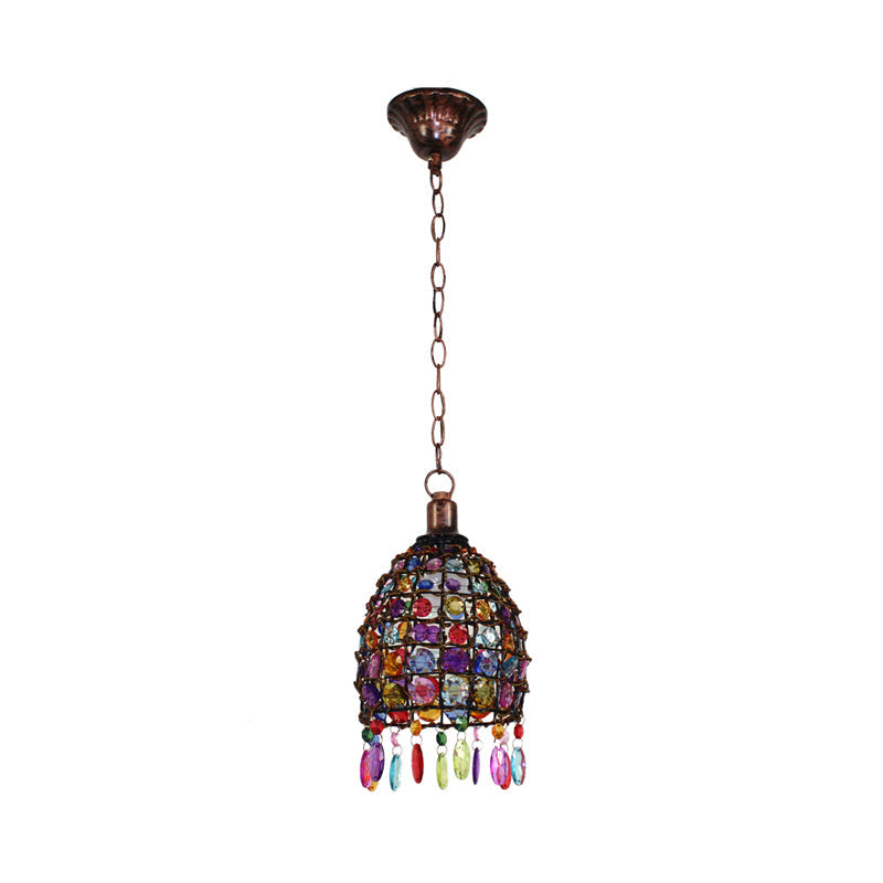 Art Deco Stained Glass Dome Ceiling Light Rust Pendant - 1-Light Drop Design For Restaurant