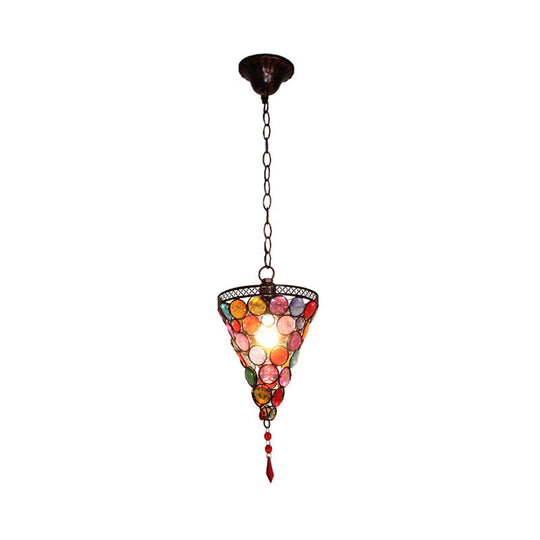 12.5 Tall Stained Glass Hanging Lamp - Antique Rust Conical Restaurant Down Lighting 1 Light