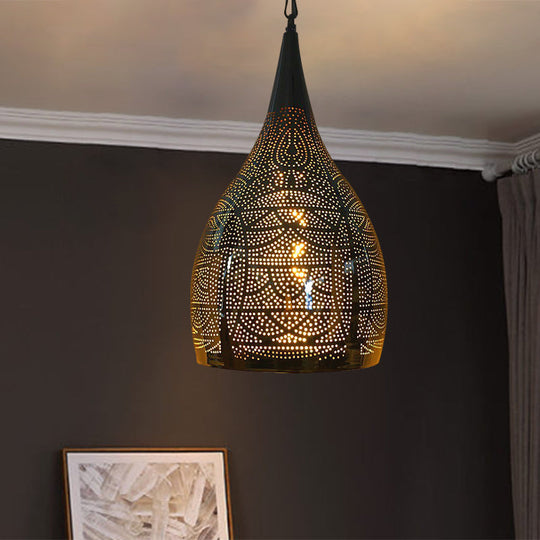 Arab Hanging Urn-Shaped Metal Light - 1-Head Black 9/12 Width For Living Room Suspension