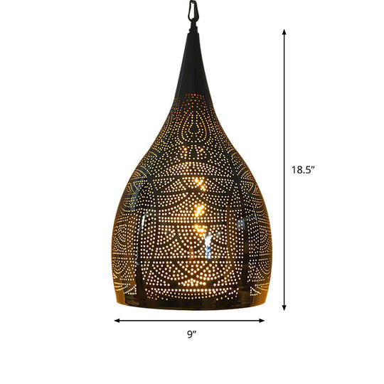 Arab Hanging Urn-Shaped Metal Light - 1-Head Black 9/12 Width For Living Room Suspension