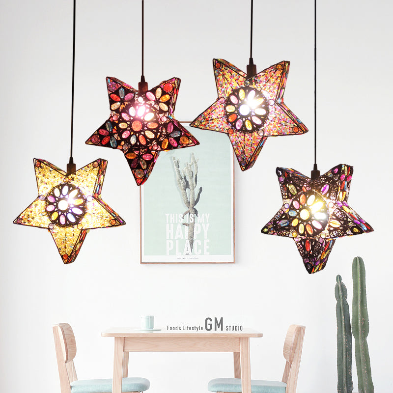 Metal Pentagram Pendant Ceiling Light Art Deco 1 Head Drop Lamp In Black/Red/Yellow