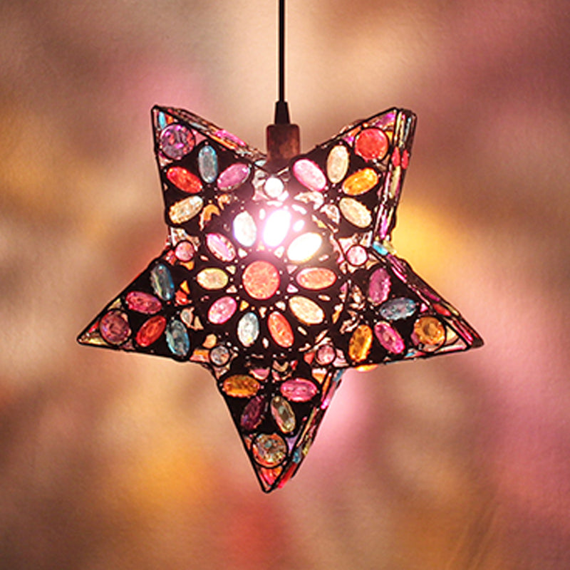 Metal Pentagram Pendant Ceiling Light Art Deco 1 Head Drop Lamp In Black/Red/Yellow