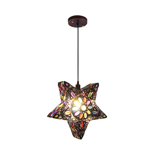 Metal Pentagram Pendant Ceiling Light Art Deco 1 Head Drop Lamp In Black/Red/Yellow