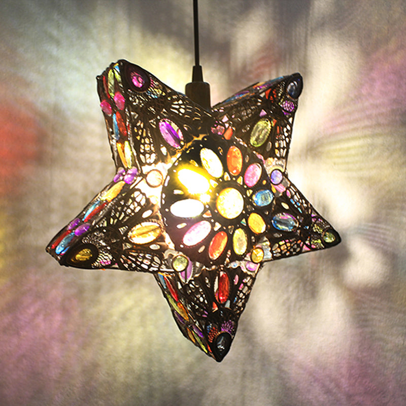 Metal Pentagram Pendant Ceiling Light Art Deco 1 Head Drop Lamp In Black/Red/Yellow