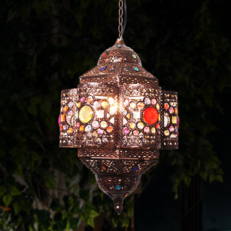 Metal Hanging Pendant Light: Lantern Decorative Suspension Lamp (1 Head) For Restaurants - Red/Rust