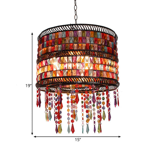 Metal Drum Chandelier Pendant Light - Art Deco Bronze Crystal Draping 3 Heads For Living Room