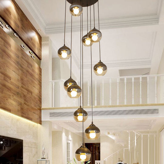 10-Light Hanging Stair Pendant with Cognac Glass Shades