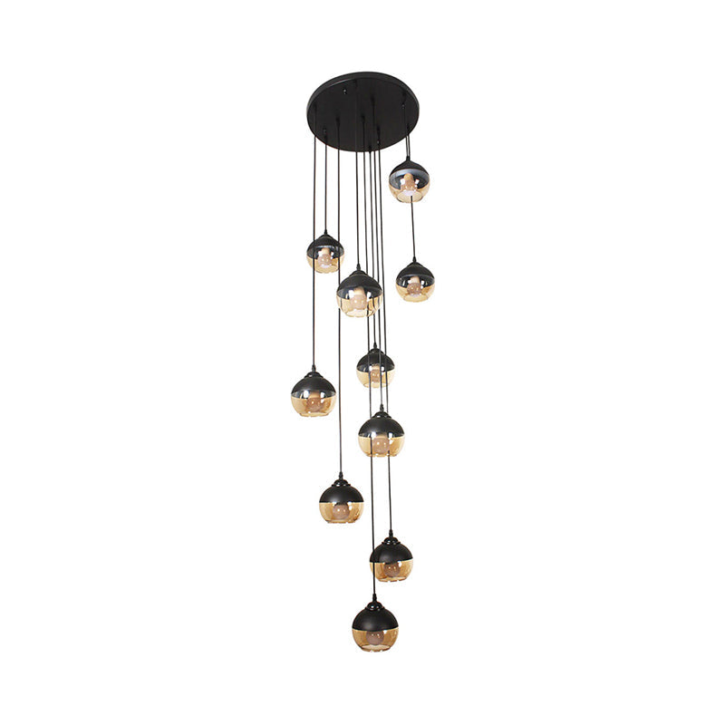 10-Light Simple Stair Multi Lamp Pendant With Cognac Glass Shade In Black