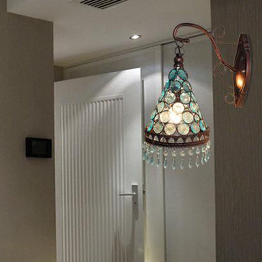 Yellow/Blue/Purple Art Deco Metal Wall Lamp With Dangling Glass Dining Room Accent Lighting Blue