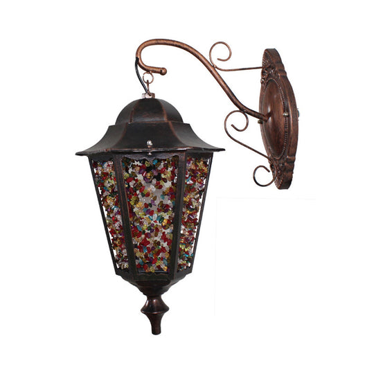 Antique Metal Lantern Wall Sconce With Glass Decoration - 1 Light Red/Yellow/Green Lamp