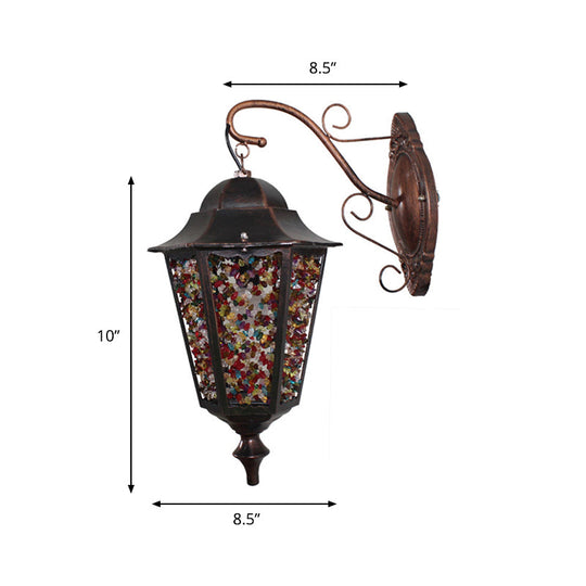 Antique Metal Lantern Wall Sconce With Glass Decoration - 1 Light Red/Yellow/Green Lamp Green