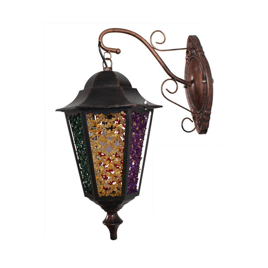 Antique Metal Lantern Wall Sconce With Glass Decoration - 1 Light Red/Yellow/Green Lamp