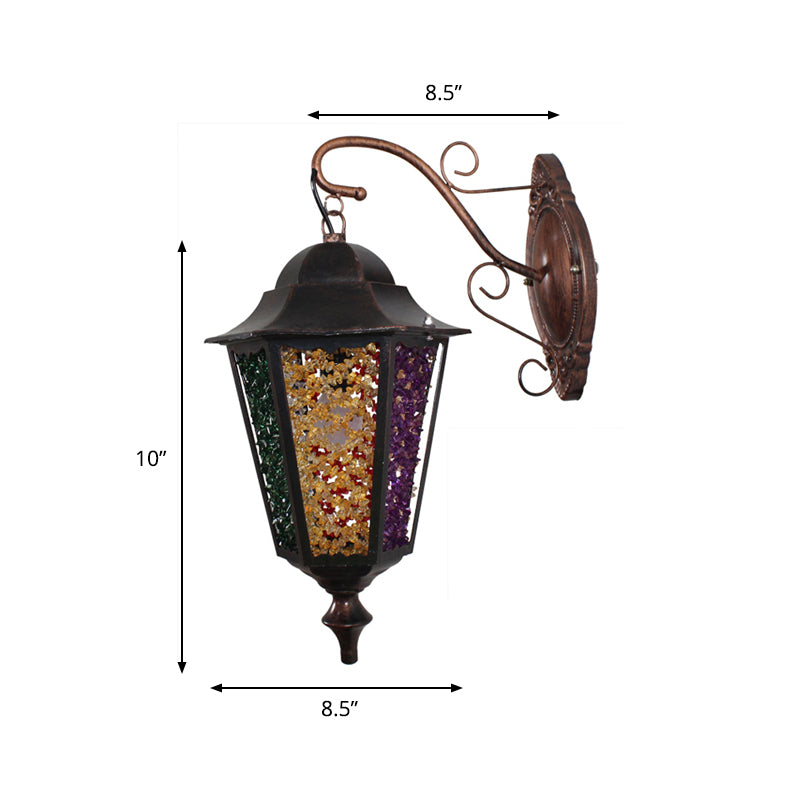 Antique Metal Lantern Wall Sconce With Glass Decoration - 1 Light Red/Yellow/Green Lamp