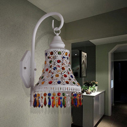 Metal Bell Wall Sconce Light: Decorative 1-Bulb White Corridor Lighting With Crystal Accents