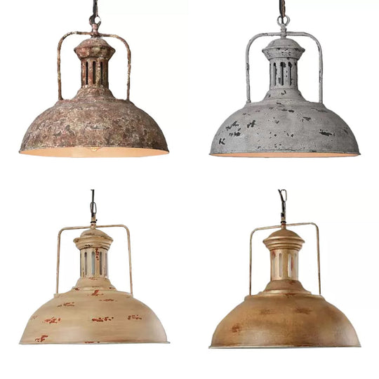 Vintage Style Hanging Pendant Light with Bulb Bowl and Rust Finish - Iron Ceiling Lamp with Handle and Vented Socket