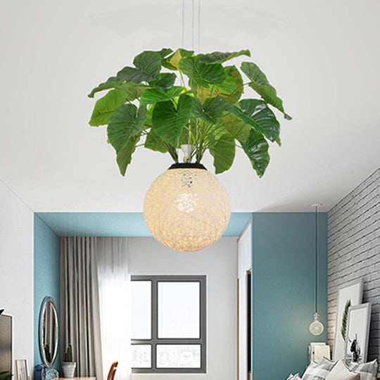 Metal Pendant Lamp with Antique White Ball Design and Plant Decoration for Restaurant Down Lighting