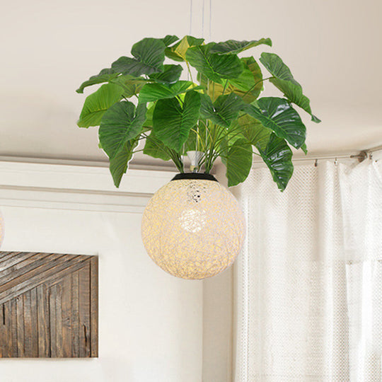 Metal Pendant Lamp with Antique White Ball Design and Plant Decoration for Restaurant Down Lighting