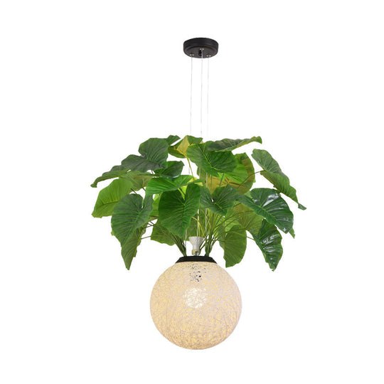 Metal Pendant Lamp with Antique White Ball Design and Plant Decoration for Restaurant Down Lighting