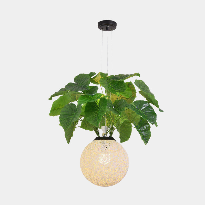 Metal Pendant Lamp with Antique White Ball Design and Plant Decoration for Restaurant Down Lighting