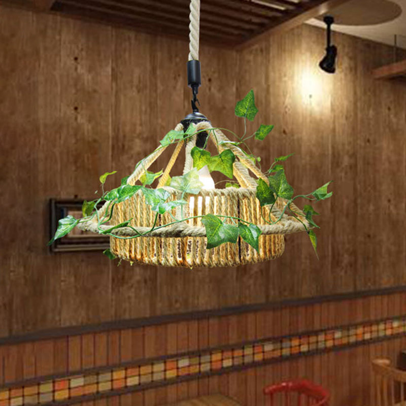 Retro Metal Pendant Light With Yellow Led And Plant Decor - Perfect For House Restaurant Ceilings