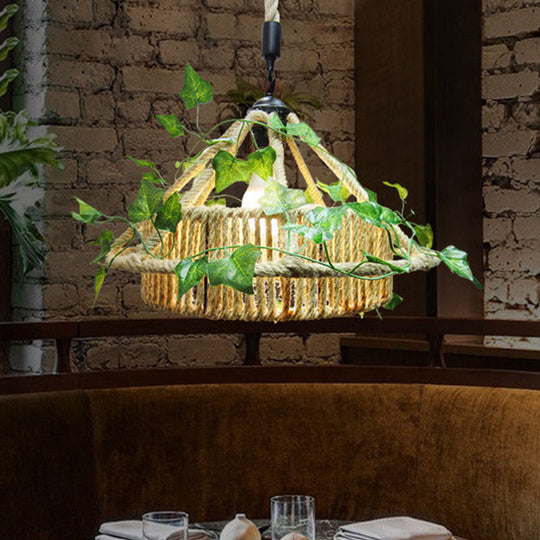 Retro Metal Pendant Light With Yellow Led And Plant Decor - Perfect For House Restaurant Ceilings