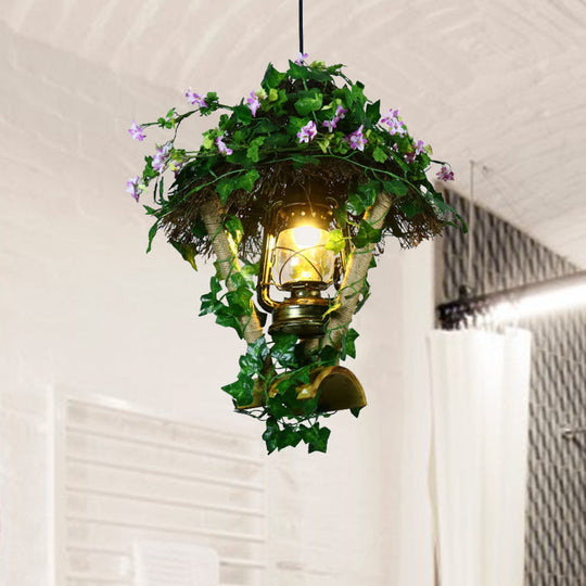 Bamboo Pendant Light Fixture: Industrial Green Cylinder/Kerosene Lamp with LED for Restaurant Ambiance and Plant Hanging