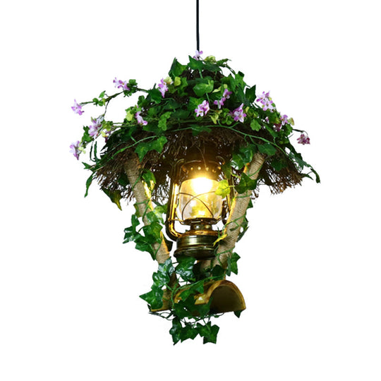 Bamboo Pendant Light Fixture: Industrial Green Cylinder/Kerosene Lamp with LED for Restaurant Ambiance and Plant Hanging