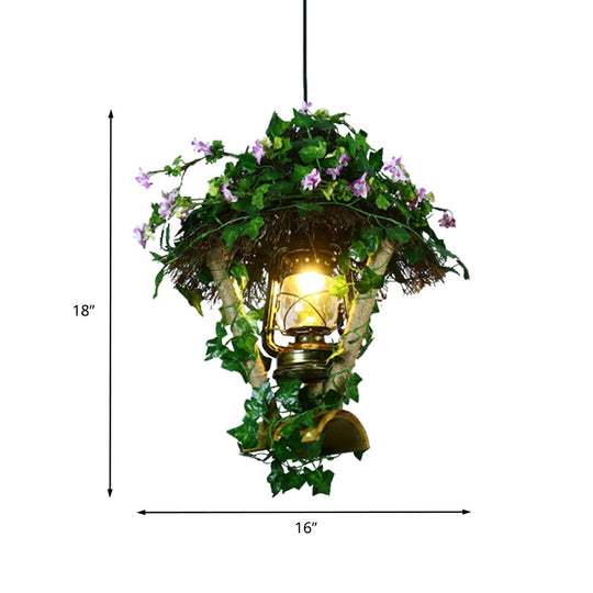 Industrial Green Bamboo Pendant Light Fixture With Led Plant Hanging Lamp