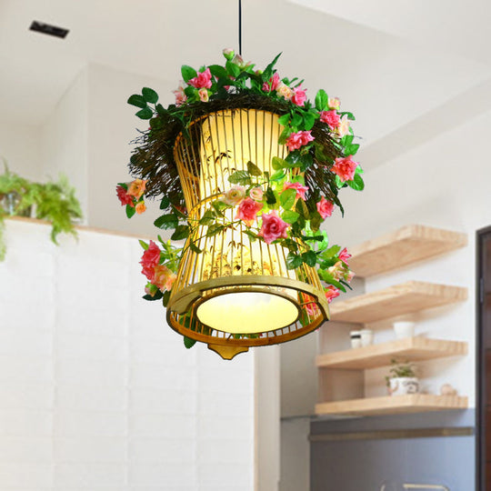 Bamboo Pendant Light Fixture: Industrial Green Cylinder/Kerosene Lamp with LED for Restaurant Ambiance and Plant Hanging