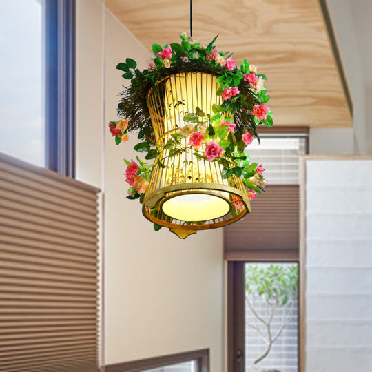 Bamboo Pendant Light Fixture: Industrial Green Cylinder/Kerosene Lamp with LED for Restaurant Ambiance and Plant Hanging