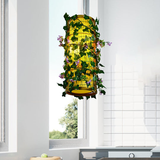 Industrial Bamboo Pendant Light with Green Plant - LED & Multiple Shapes (8"/14"/19" W)