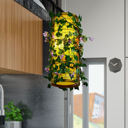 Industrial Bamboo Pendant Light with Green Plant - LED & Multiple Shapes (8"/14"/19" W)