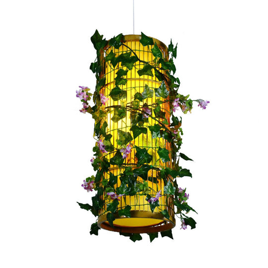 Industrial Bamboo Pendant Light with Green Plant - LED & Multiple Shapes (8"/14"/19" W)