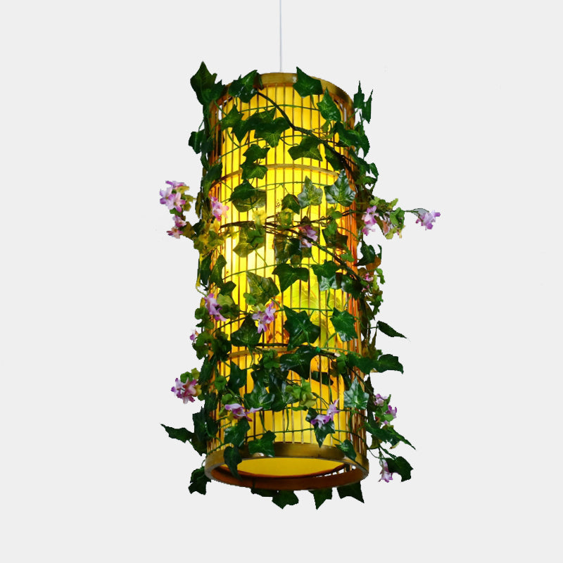 Industrial Bamboo Pendant Light with Green Plant - LED & Multiple Shapes (8"/14"/19" W)