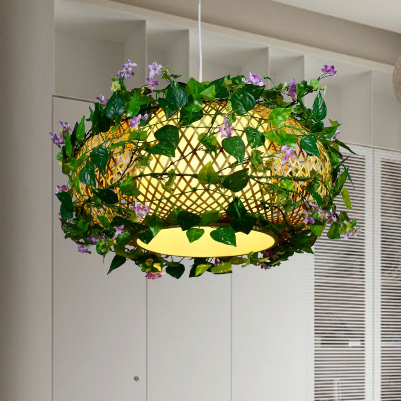 Industrial Bamboo Pendant Light with Green Plant - LED & Multiple Shapes (8"/14"/19" W)