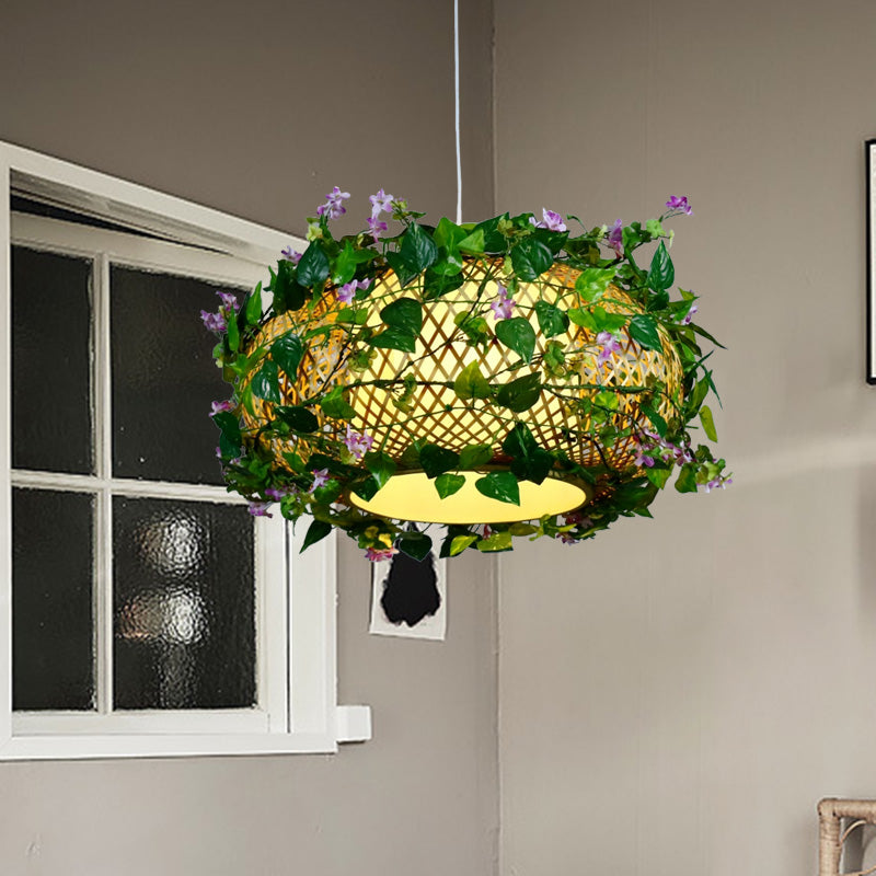 Industrial Bamboo Pendant Light with Green Plant - LED & Multiple Shapes (8"/14"/19" W)