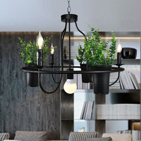 Industrial Metal Chandelier Light - 4/7 Bulbs LED Hanging Lamp in Black with Plant - Perfect for Restaurants