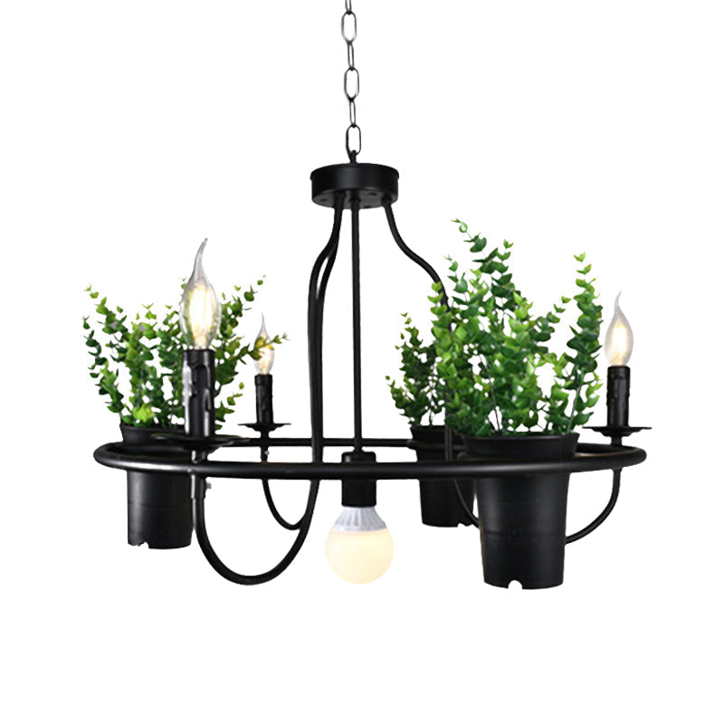 Industrial 4/7 Bulb Candle Metal Chandelier Light: Black Led Restaurant Hanging Lamp With Plant