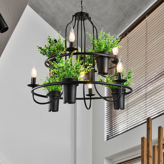 Industrial Metal Chandelier Light - 4/7 Bulbs LED Hanging Lamp in Black with Plant - Perfect for Restaurants