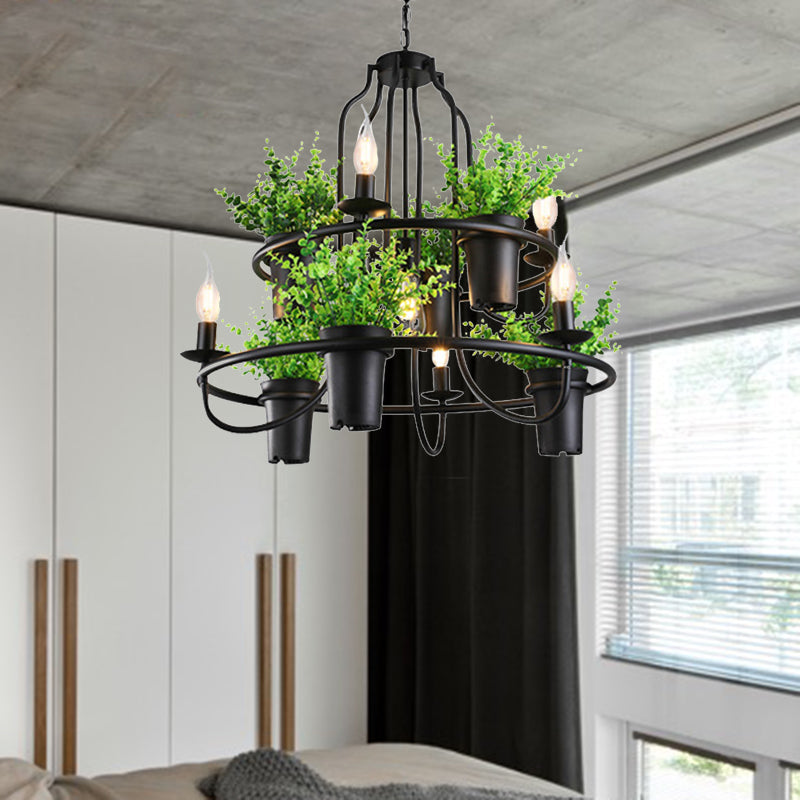 Industrial Metal Chandelier Light - 4/7 Bulbs LED Hanging Lamp in Black with Plant - Perfect for Restaurants