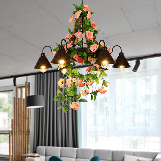 Industrial Metal Cone Chandelier - 6/8 Lights - Black with Flower Decoration - LED Ceiling Pendant for Restaurants