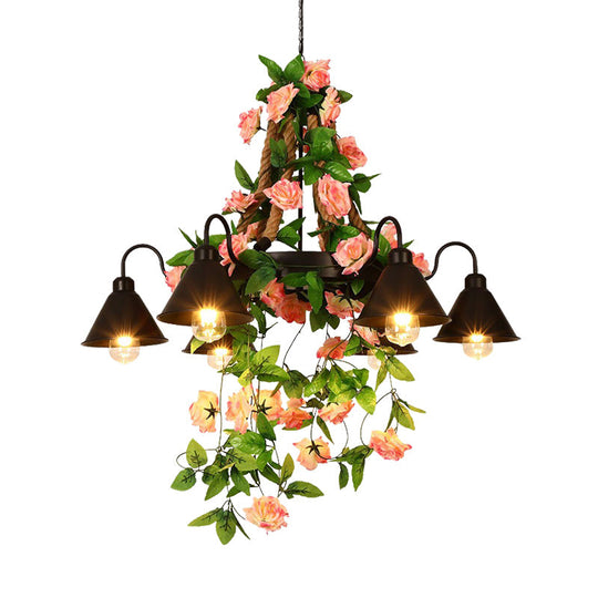 Industrial Metal Cone Chandelier - 6/8 Lights - Black with Flower Decoration - LED Ceiling Pendant for Restaurants