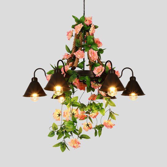 Industrial Metal Cone Chandelier - 6/8 Lights - Black with Flower Decoration - LED Ceiling Pendant for Restaurants