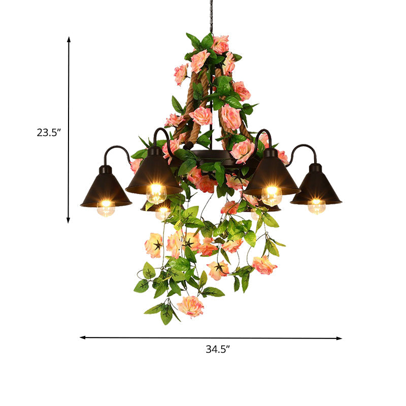 Industrial Metal Cone Chandelier Pendant Lamp With Led Lights And Flower Decoration For Restaurants