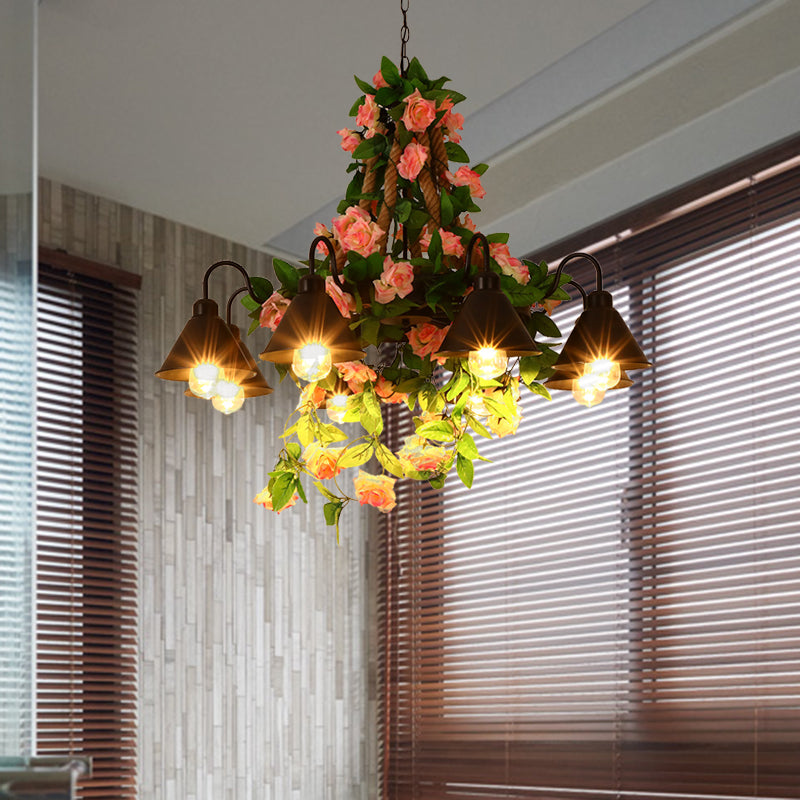 Industrial Metal Cone Chandelier Pendant Lamp With Led Lights And Flower Decoration For Restaurants