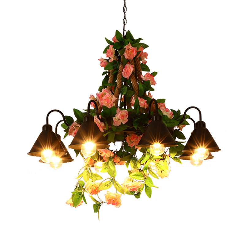 Industrial Metal Cone Chandelier - 6/8 Lights - Black with Flower Decoration - LED Ceiling Pendant for Restaurants