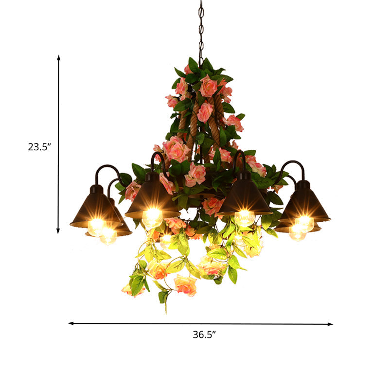 Industrial Metal Cone Chandelier - 6/8 Lights - Black with Flower Decoration - LED Ceiling Pendant for Restaurants