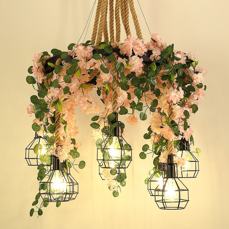 Industrial 8-Bulb Cluster Pendant Light - Hemp Rope LED Flower Hanging Lamp Kit in Black